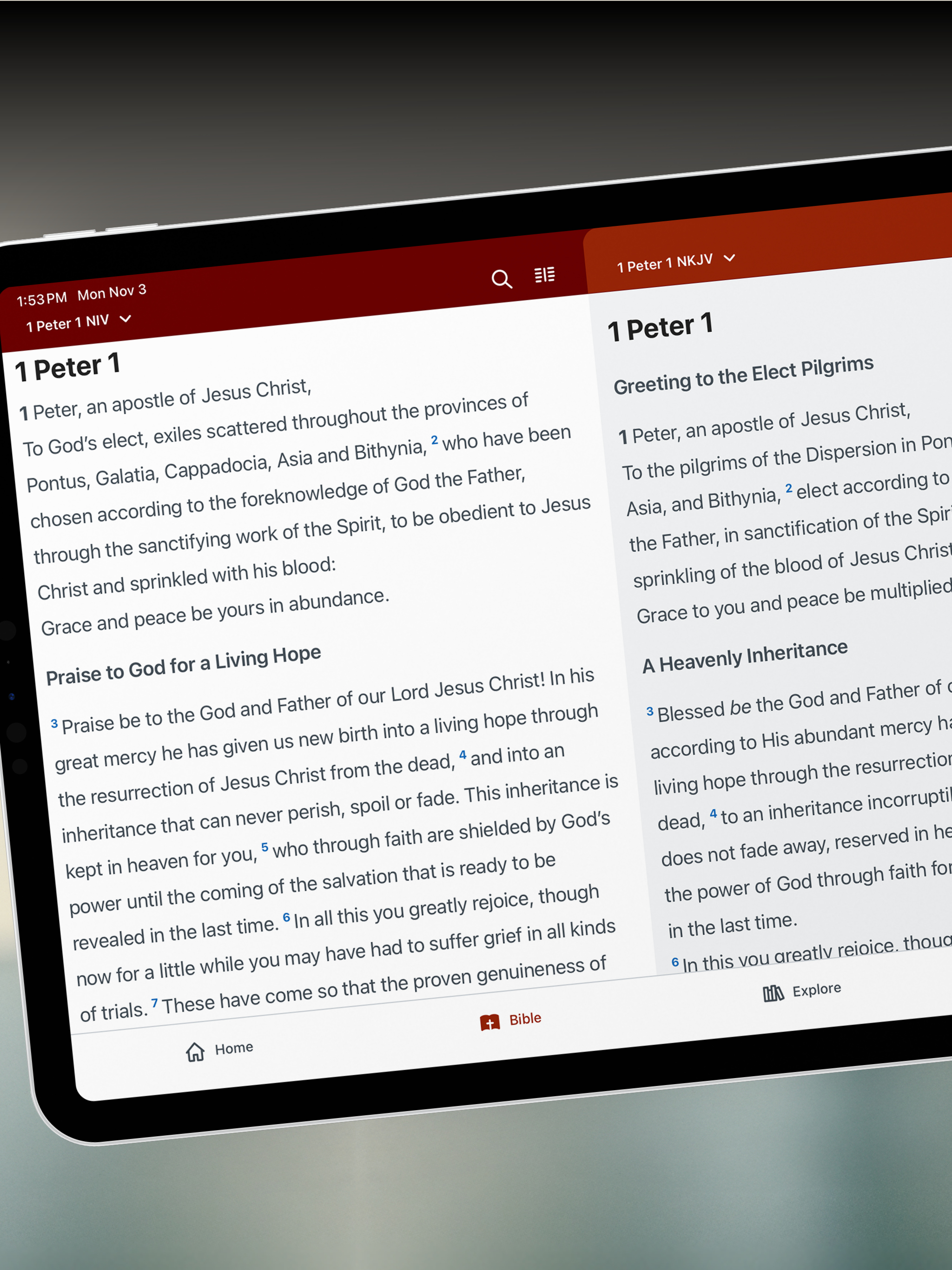 Compare Bible versions side by side on tablet