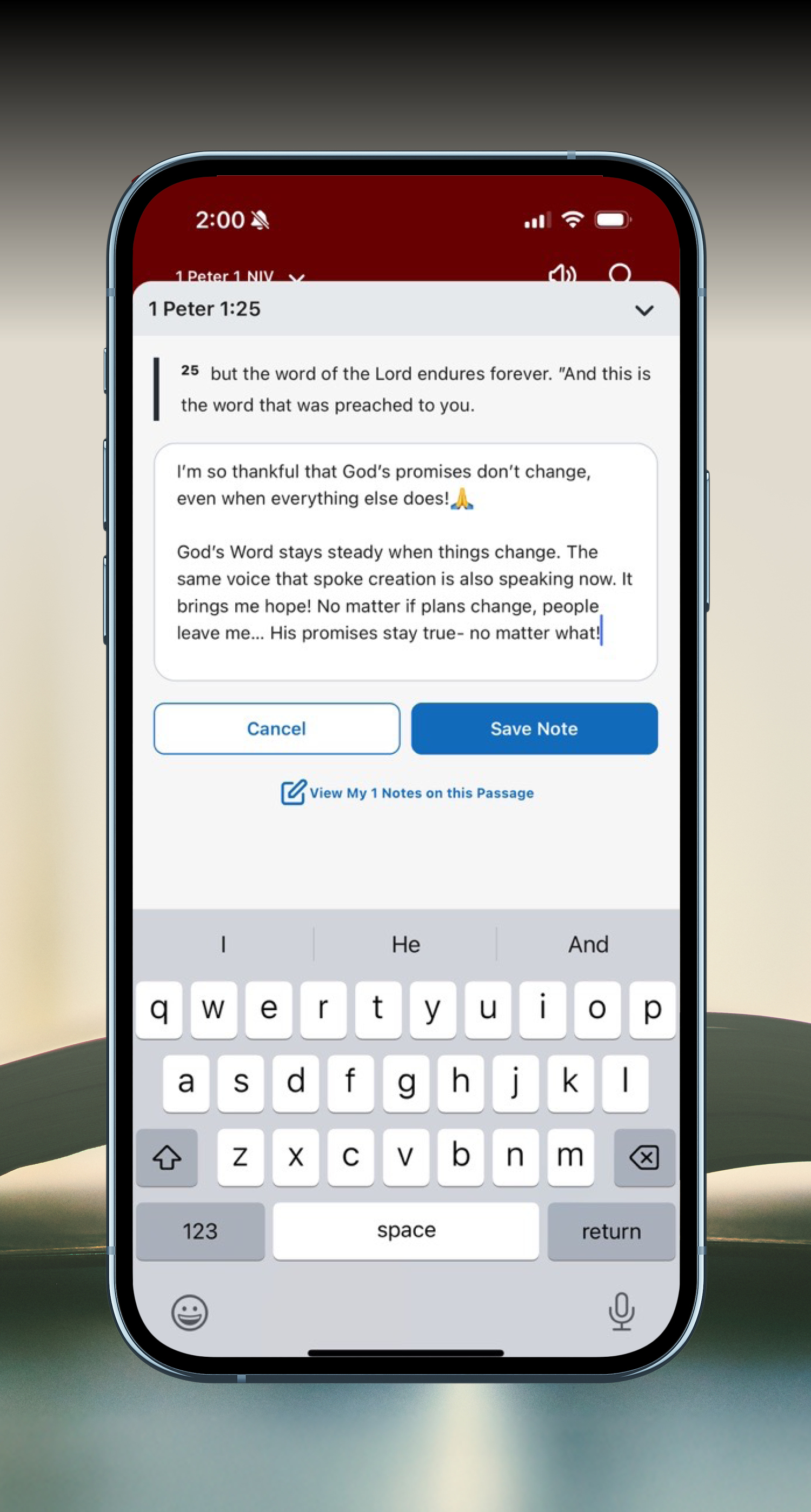 Take notes while reading in the Bible Gateway App