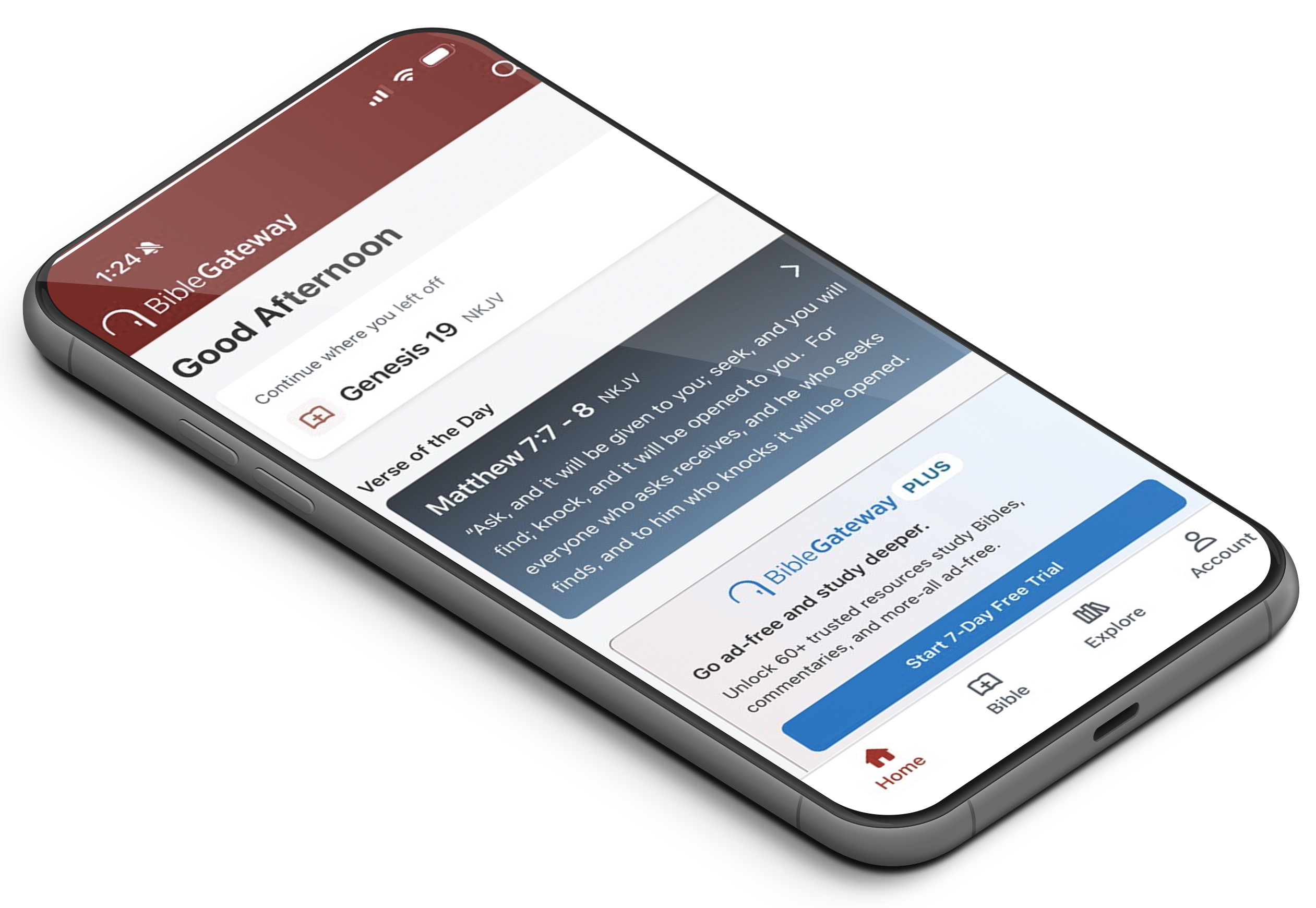 Bible Gateway App hero image showing Verse of the Day and home screen features